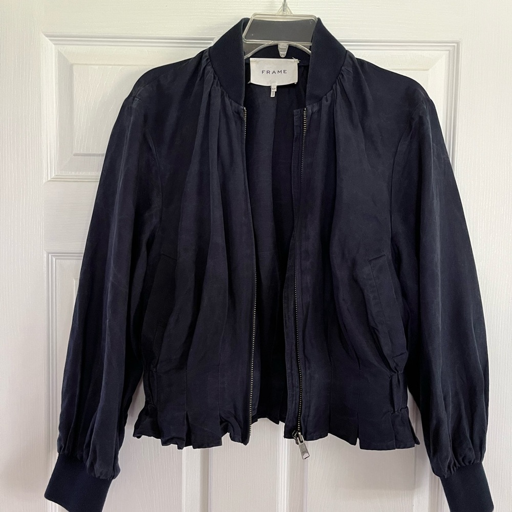 Frame Denim Navy Bomber Jacket with Ruffled Hem